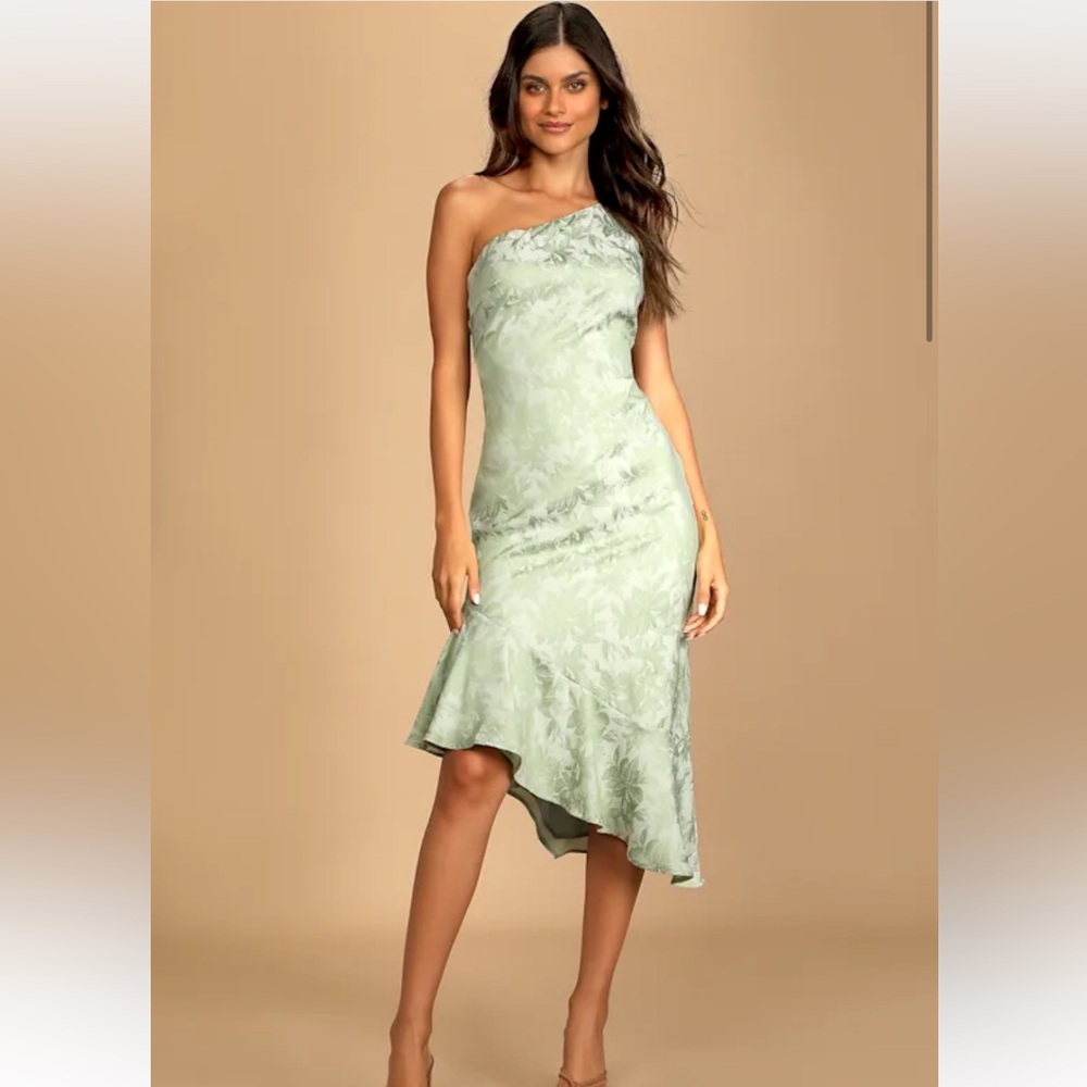 Lulus Green Floral One-Shoulder Midi Dress (Small)